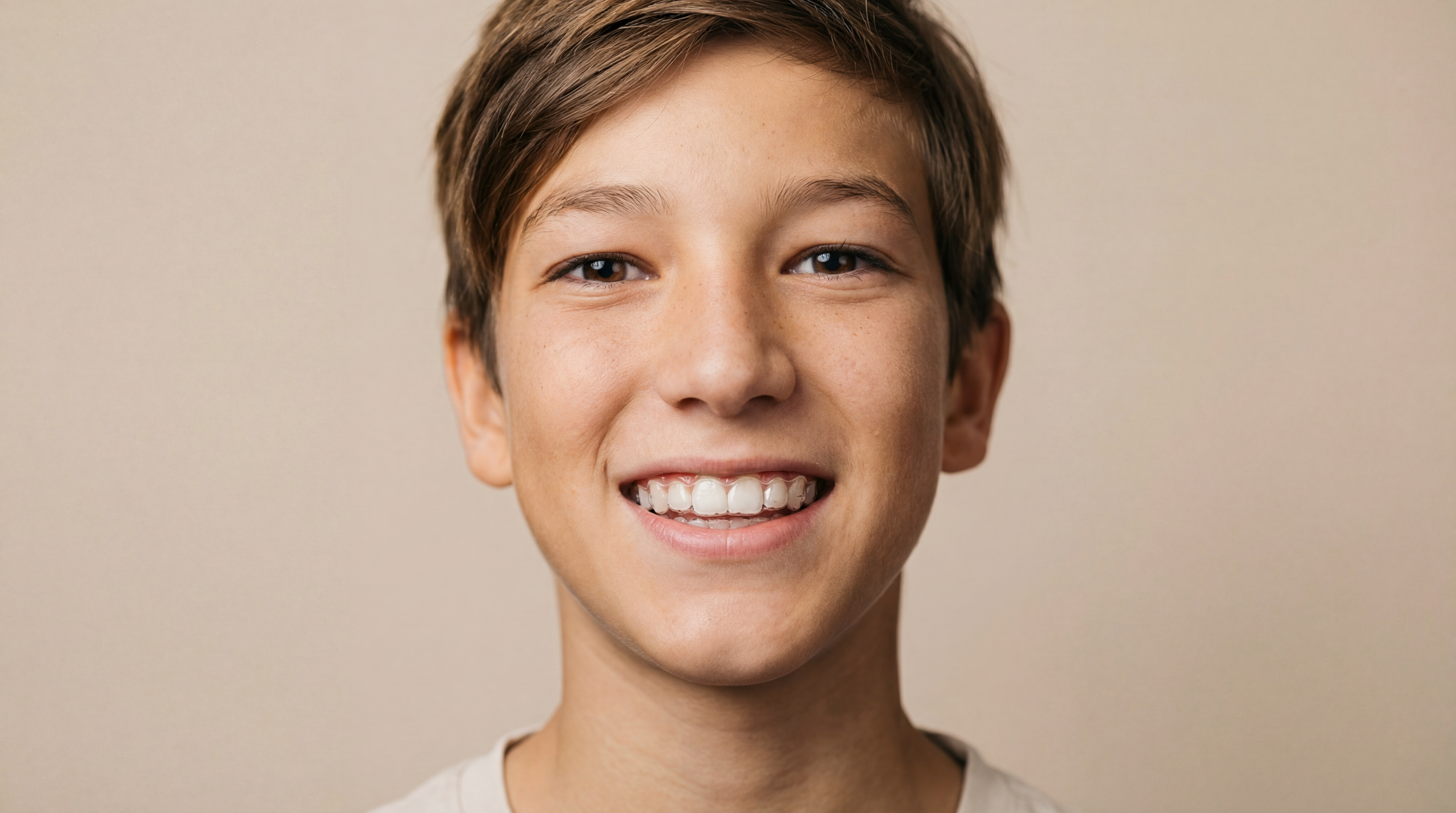 Junge Person mit transparenter Aligner-Schiene im Alltag